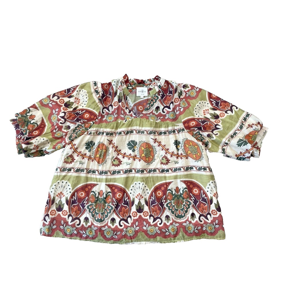 Umgee Floral Paisley Tunic Top Women Large Tan Green Rust Lined Boho V-Neck